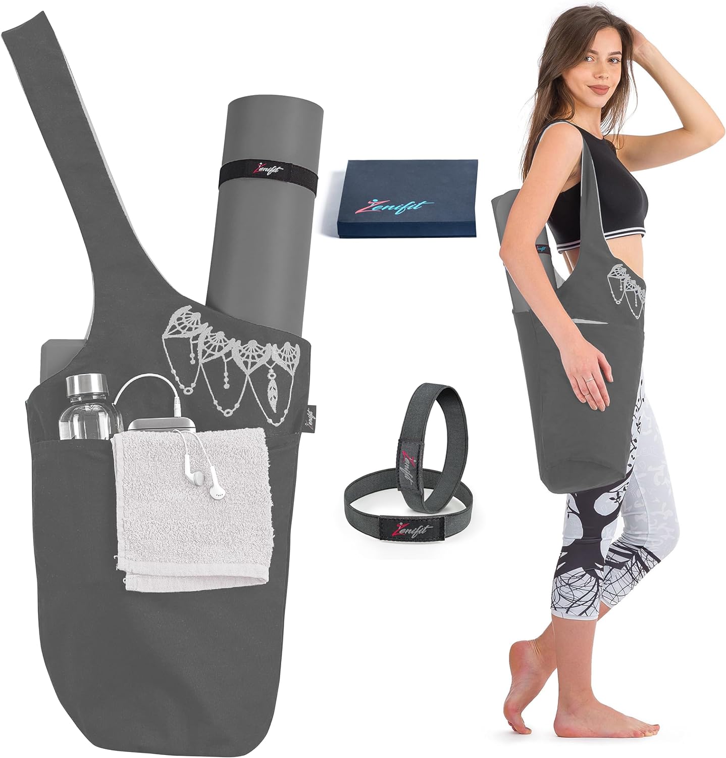 Yoga mat bag gray and white with accessories, gift box and elastics, women wearing yoga bag on shoulder