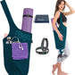 Yoga mat bag two tone teal with accessories, gift box and elastics, women wearing yoga bag on shoulder