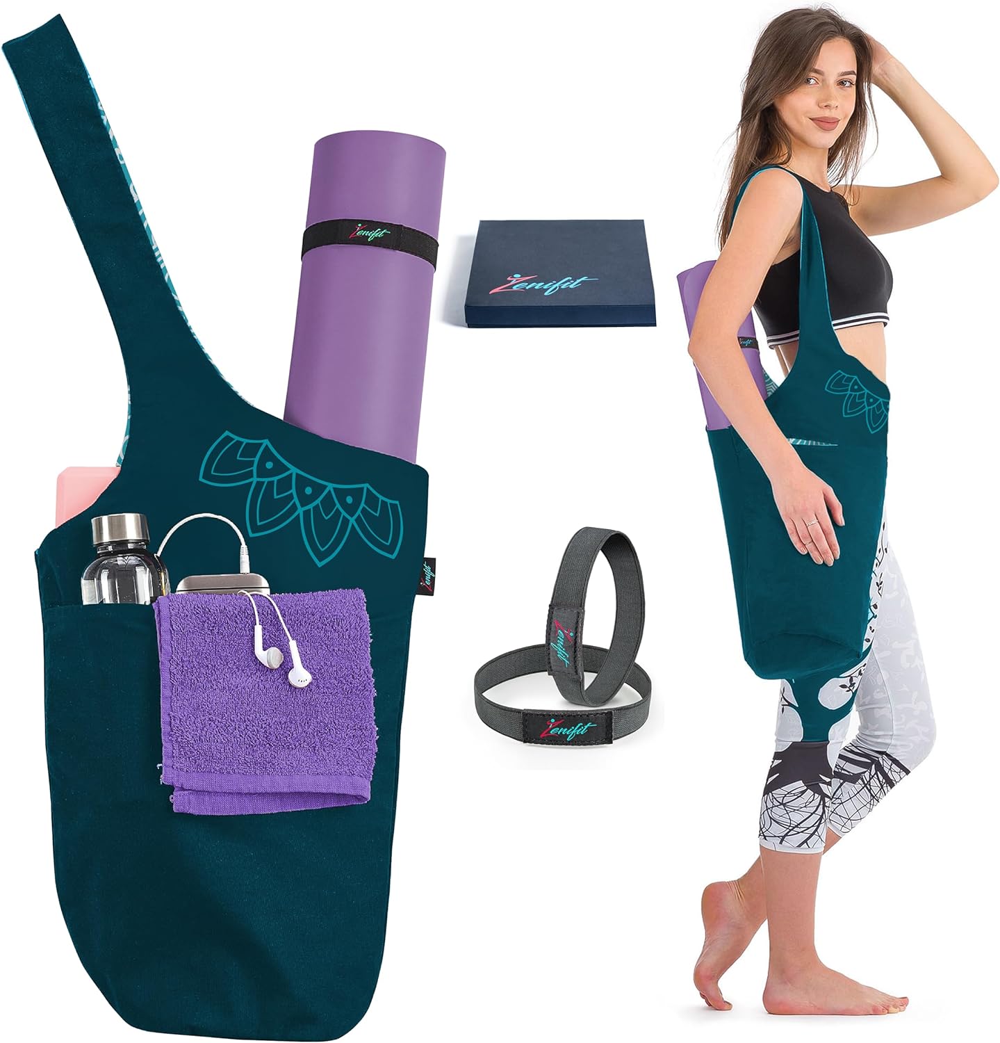 Yoga mat bag two tone teal with accessories, gift box and elastics, women wearing yoga bag on shoulder