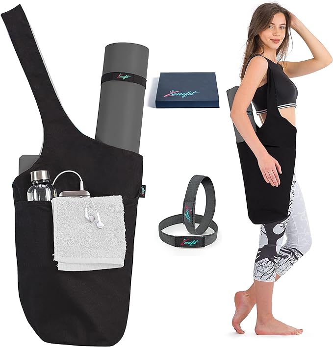 Yoga mat bag black with accessories, gift box and elastics, women wearing yoga bag on shoulder