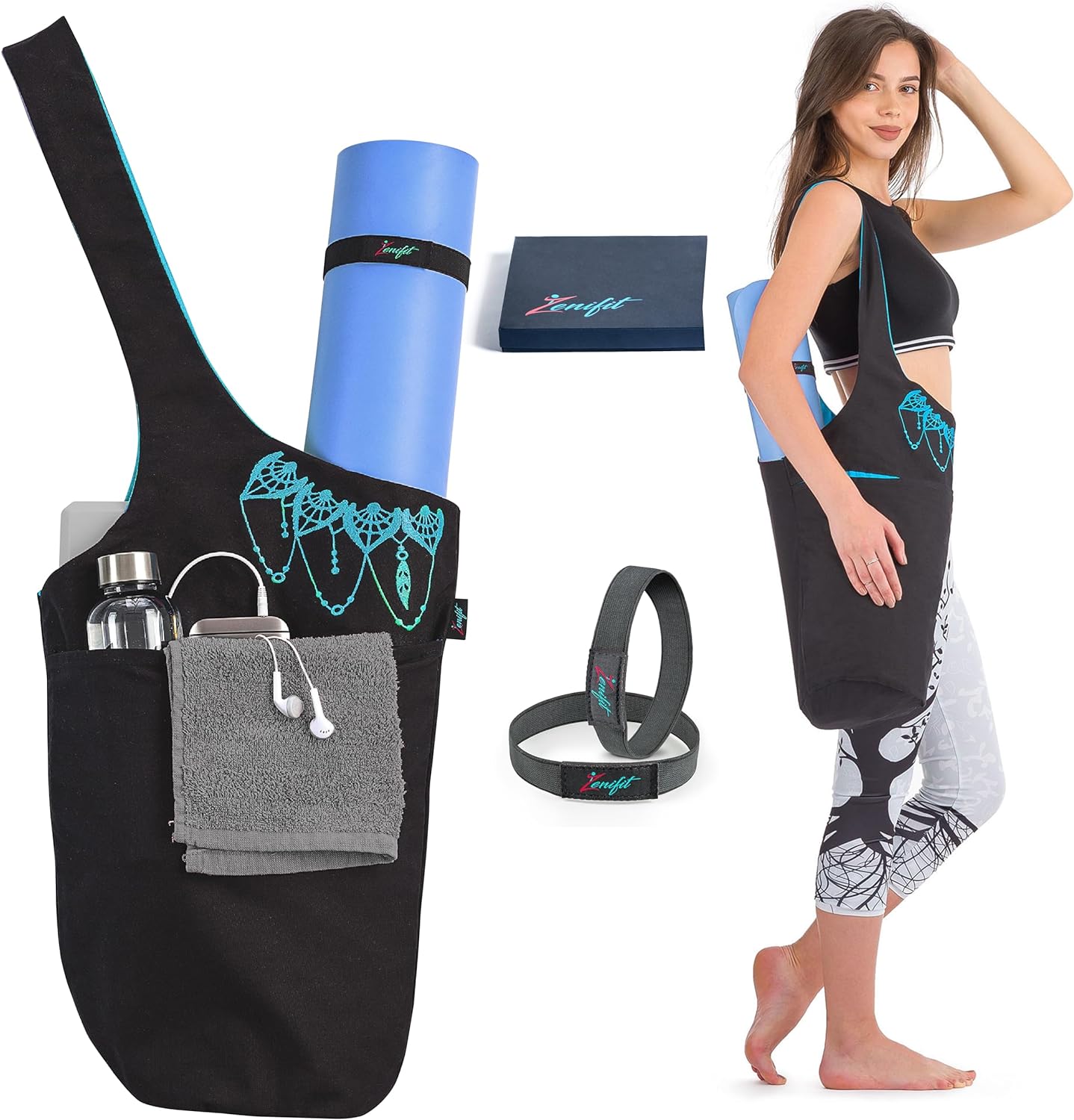 Yoga mat bag black and blue purple with accessories, gift box and elastics, women wearing yoga bag on shoulder