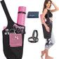 Yoga mat bag black and pink with accessories, gift box and elastics, women wearing yoga bag on shoulder