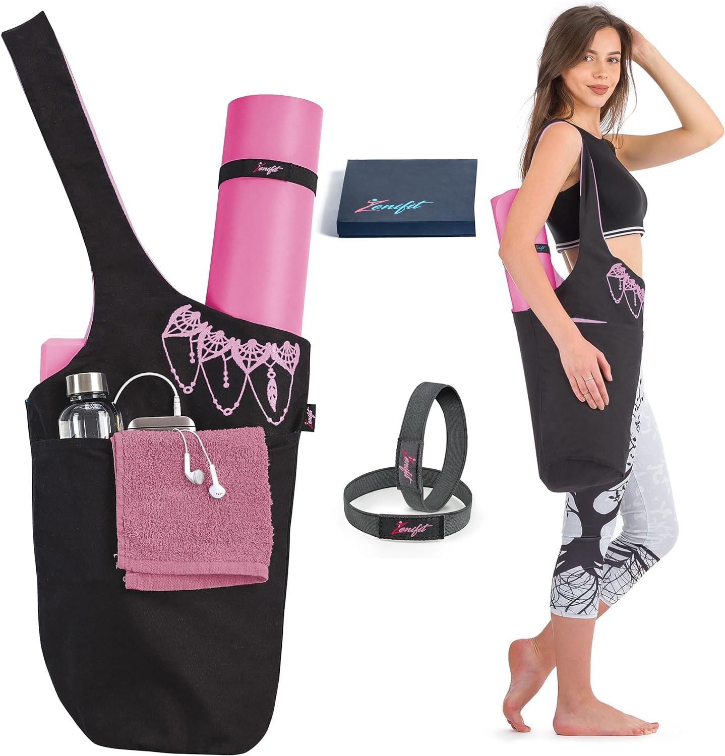 Yoga mat bag black and pink with accessories, gift box and elastics, women wearing yoga bag on shoulder