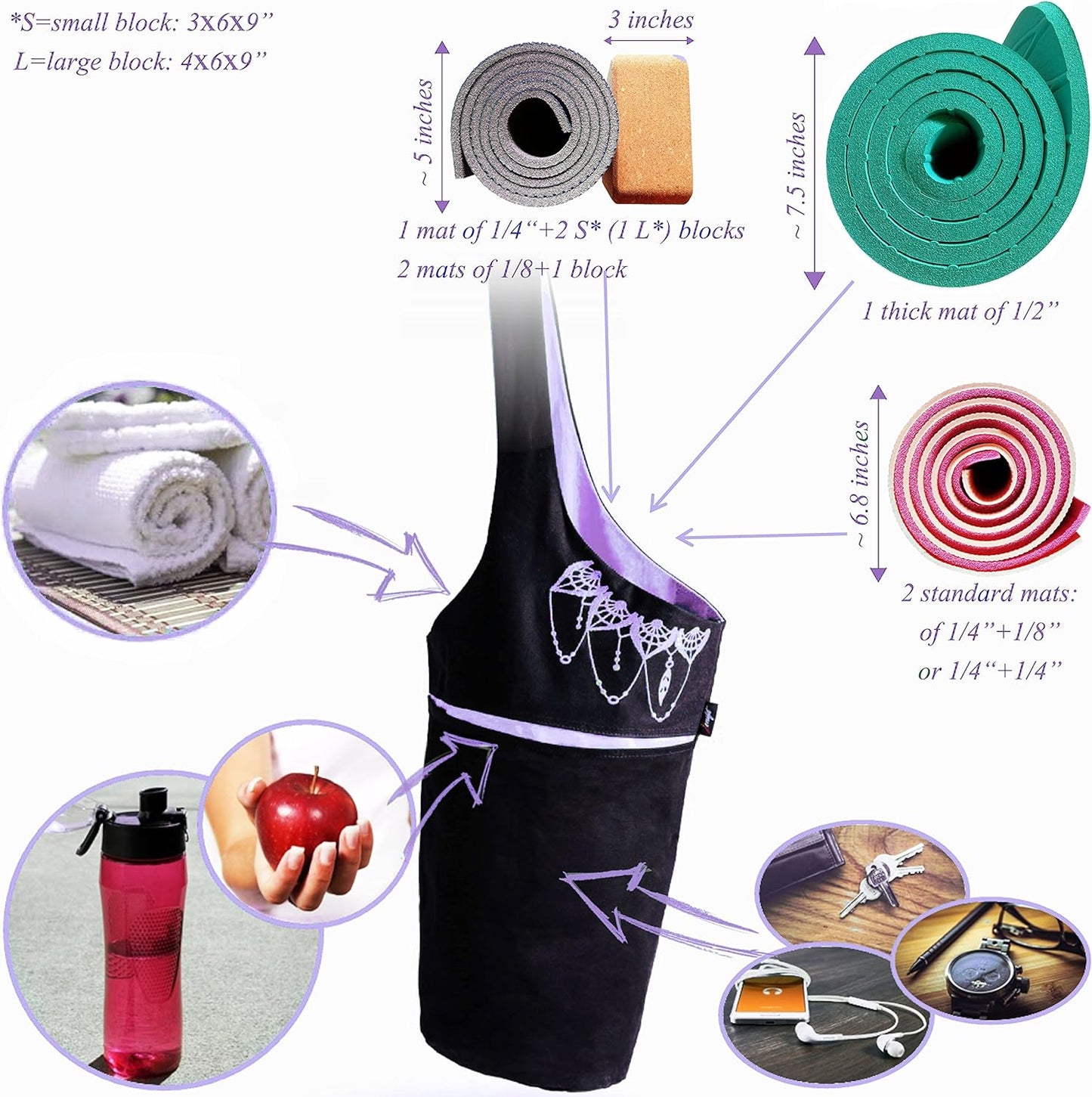 yoga mat bag black and lavender purple with accessories , yoga blocks and yoga mat