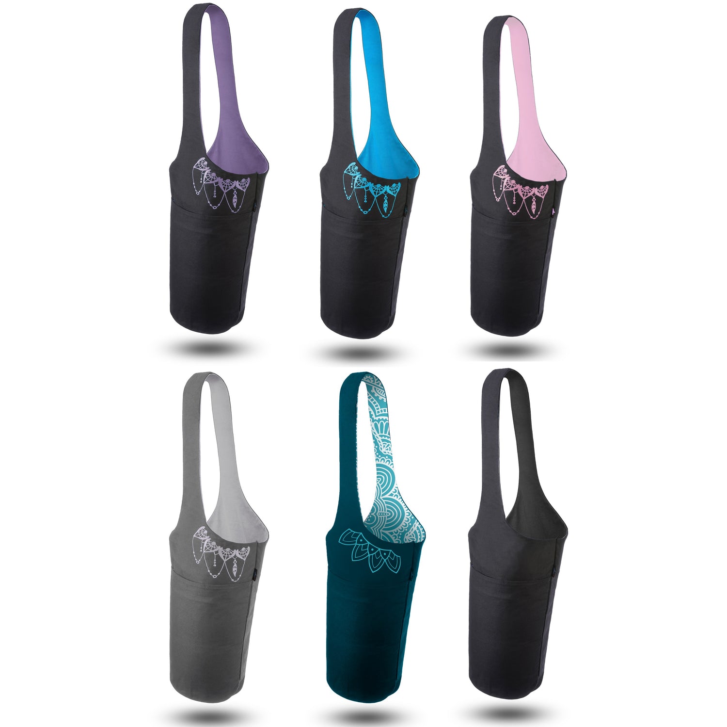 six yoga mat bags showing available colors 