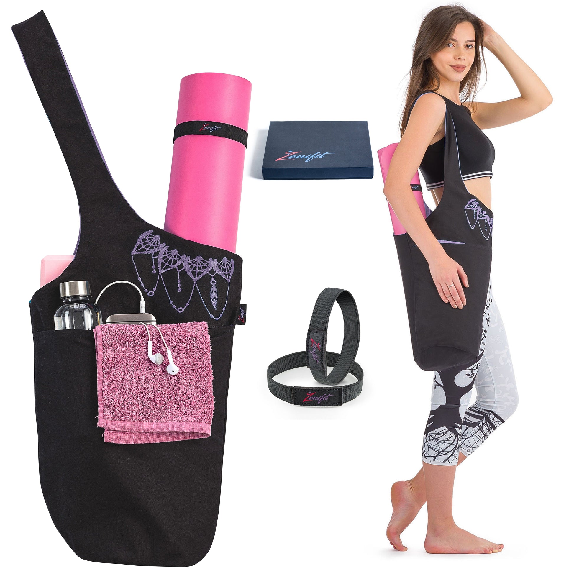 Yoga mat bag black and lavender purple with accessories, gift box and elastics, women wearing yoga bag on shoulder
