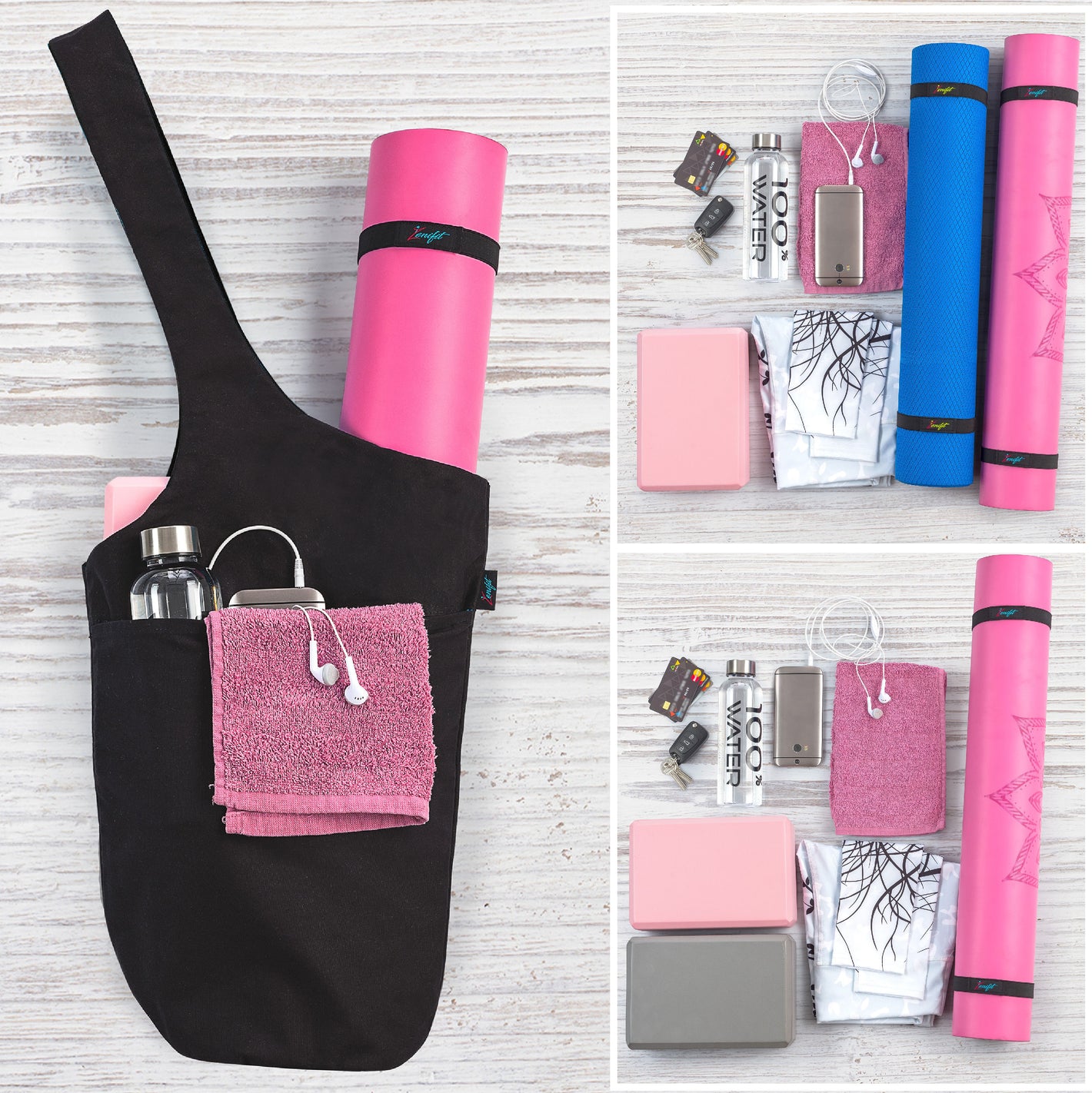 black yoga bag with accessories with accessory combination supported